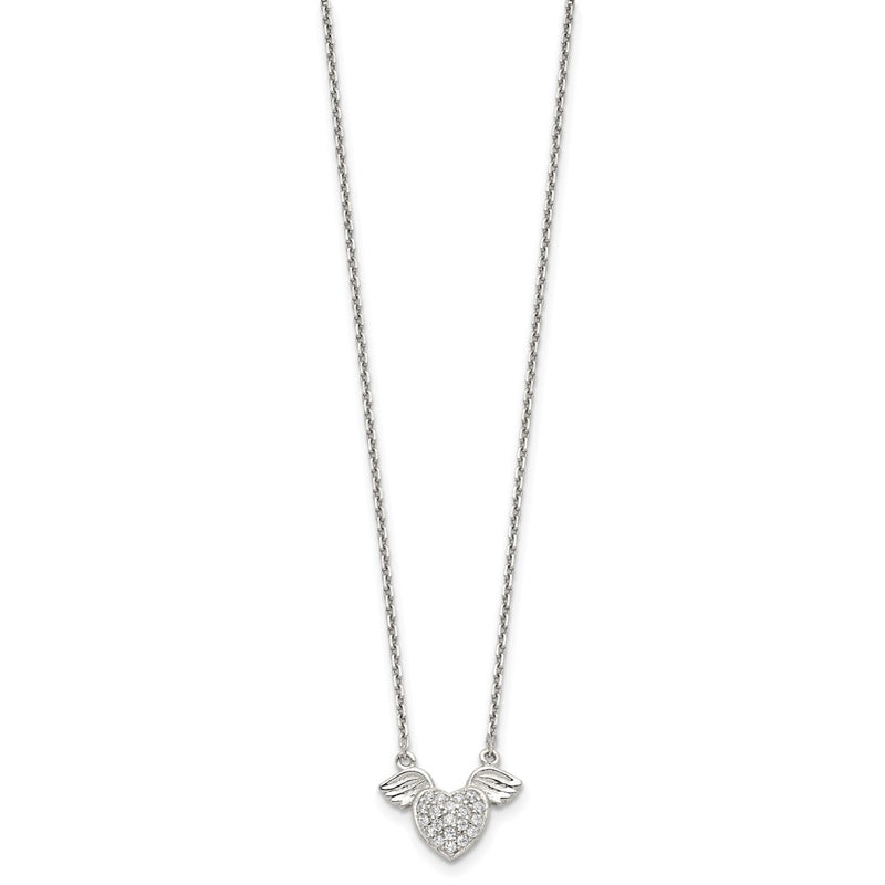Sterling Silver Rhodium-Plated Polished Cz Heart W/Wings 16 Inch Necklace