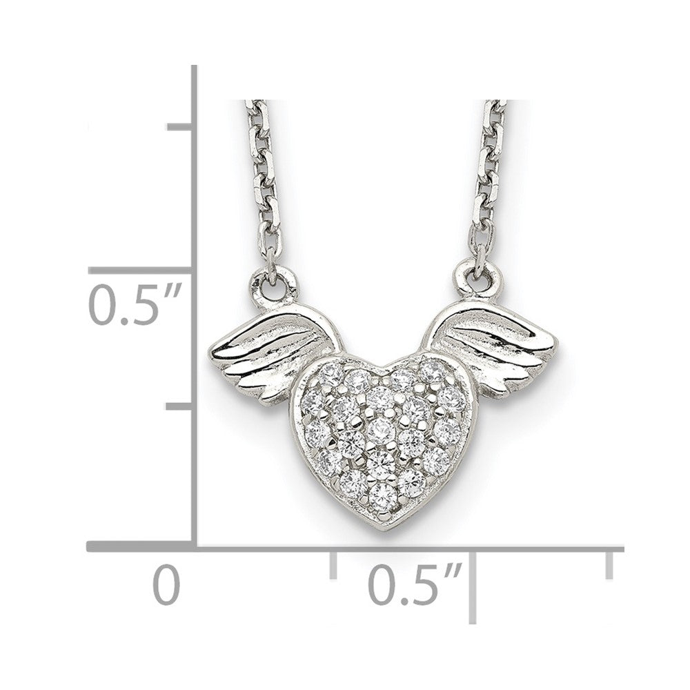 Sterling Silver Rhodium-Plated Polished Cz Heart W/Wings 16 Inch Necklace