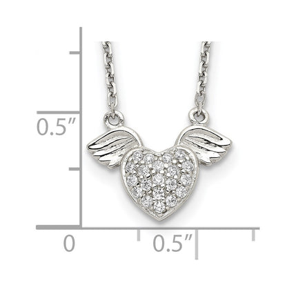 Sterling Silver Rhodium-Plated Polished Cz Heart W/Wings 16 Inch Necklace