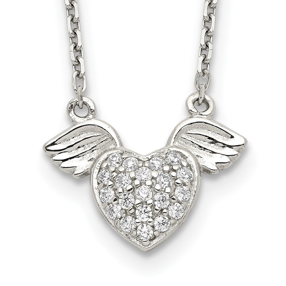 Sterling Silver Rhodium-Plated Polished Cz Heart W/Wings 16 Inch Necklace