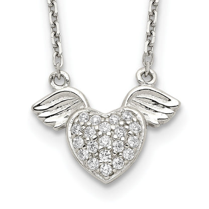 Sterling Silver Rhodium-Plated Polished Cz Heart W/Wings 16 Inch Necklace