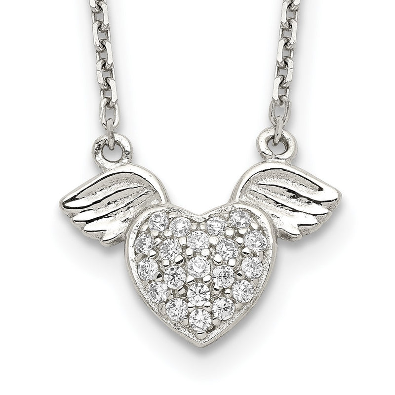 Sterling Silver Rhodium-Plated Polished Cz Heart W/Wings 16 Inch Necklace