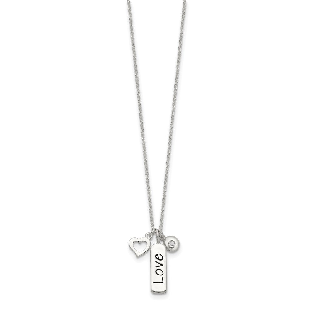 Sterling Silver Antiqued/Polished Cz Love Heart W/1In Ext Necklace