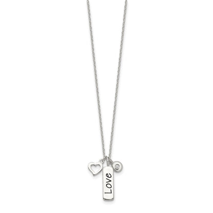 Sterling Silver Antiqued/Polished Cz Love Heart W/1In Ext Necklace