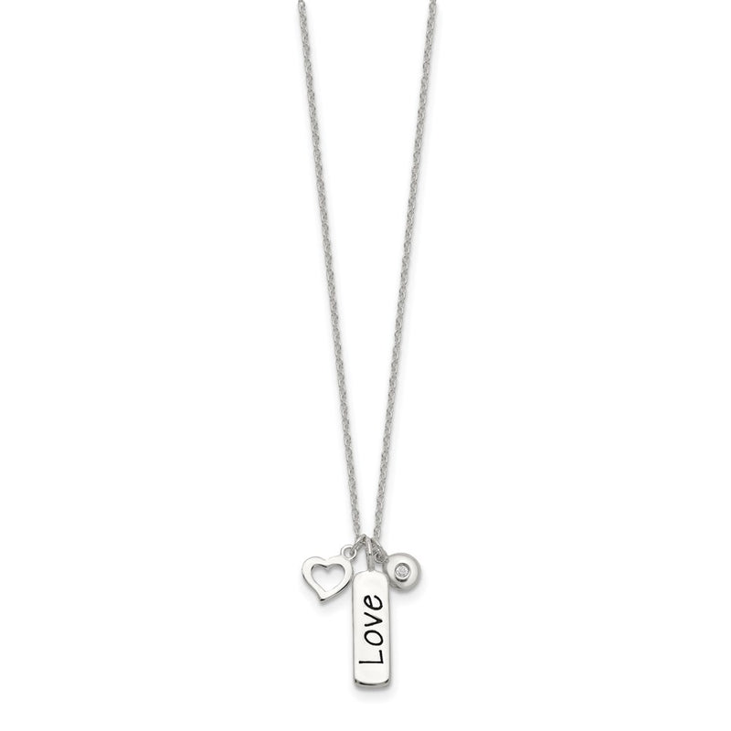 Sterling Silver Antiqued/Polished Cz Love Heart W/1In Ext Necklace
