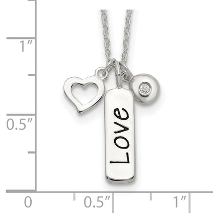 Sterling Silver Antiqued/Polished Cz Love Heart W/1In Ext Necklace