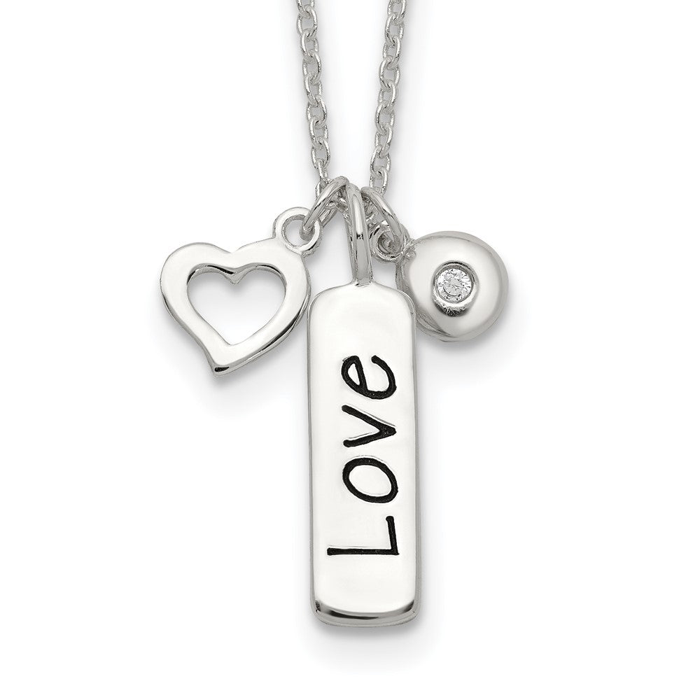 Sterling Silver Antiqued/Polished Cz Love Heart W/1In Ext Necklace