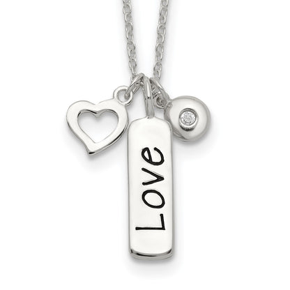 Sterling Silver Antiqued/Polished Cz Love Heart W/1In Ext Necklace