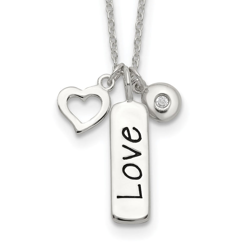 Sterling Silver Antiqued/Polished Cz Love Heart W/1In Ext Necklace