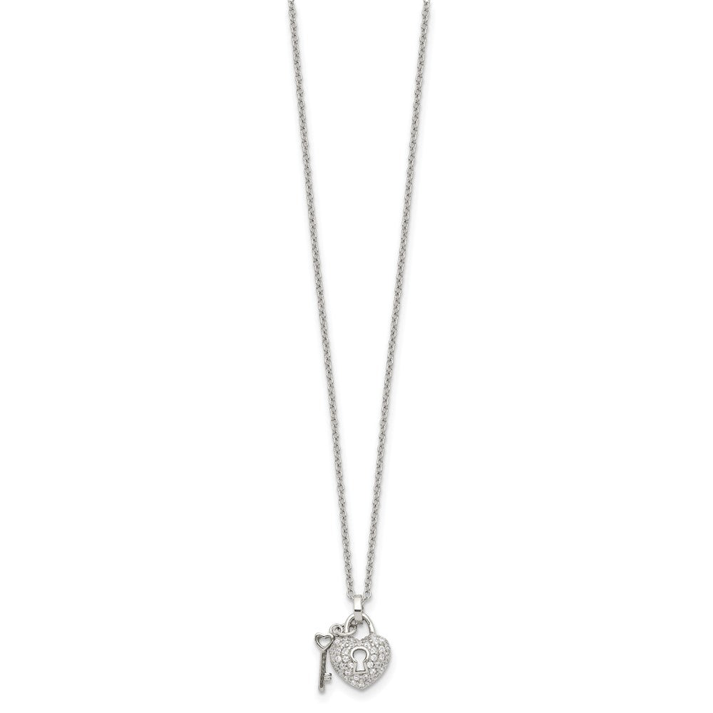 Sterling Silver Rhodium Plated Polished Key And Cz Lock 16.5 Inch Necklace With 2 Extension