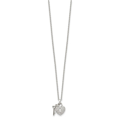 Sterling Silver Rhodium Plated Polished Key And Cz Lock 16.5 Inch Necklace With 2 Extension