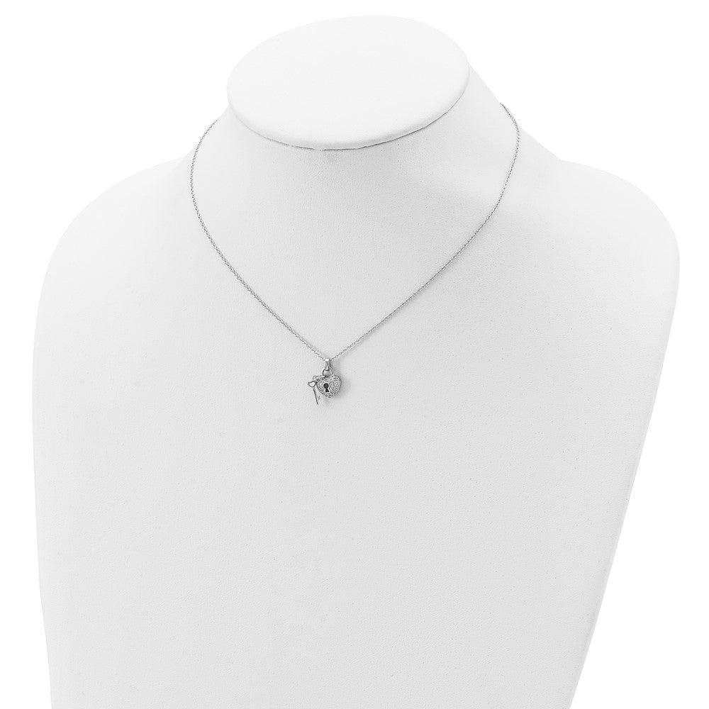 Sterling Silver Rhodium Plated Polished Key And Cz Lock 16.5 Inch Necklace With 2 Extension