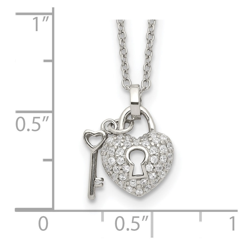Sterling Silver Rhodium Plated Polished Key And Cz Lock 16.5 Inch Necklace With 2 Extension