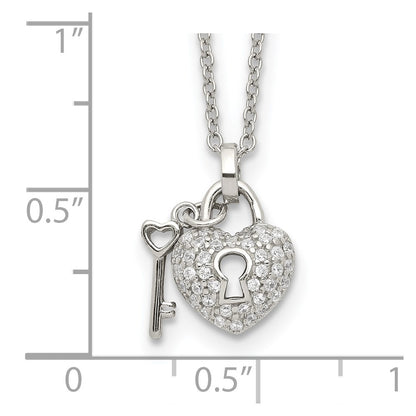 Sterling Silver Rhodium Plated Polished Key And Cz Lock 16.5 Inch Necklace With 2 Extension