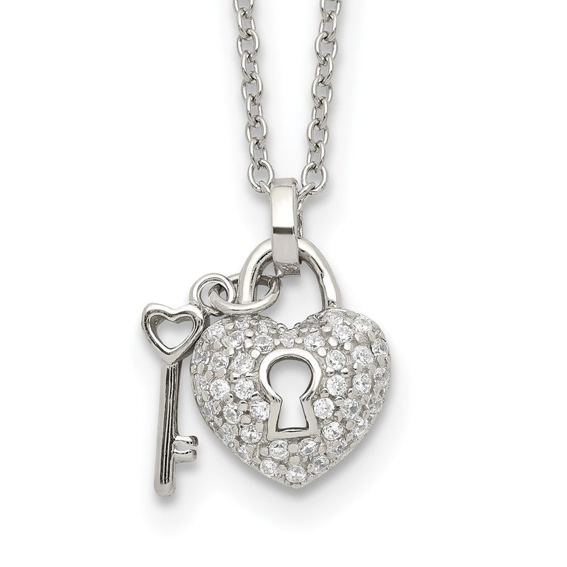 Sterling Silver Rhodium Plated Polished Key And Cz Lock 16.5 Inch Necklace With 2 Extension