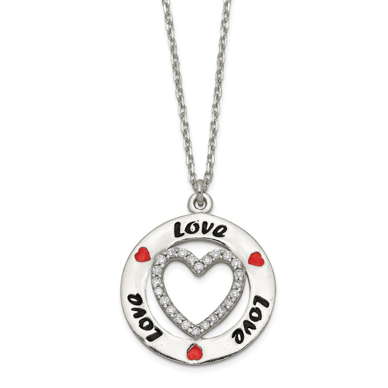 Sterling Silver Polished Enamel Cz Heart Love Necklace