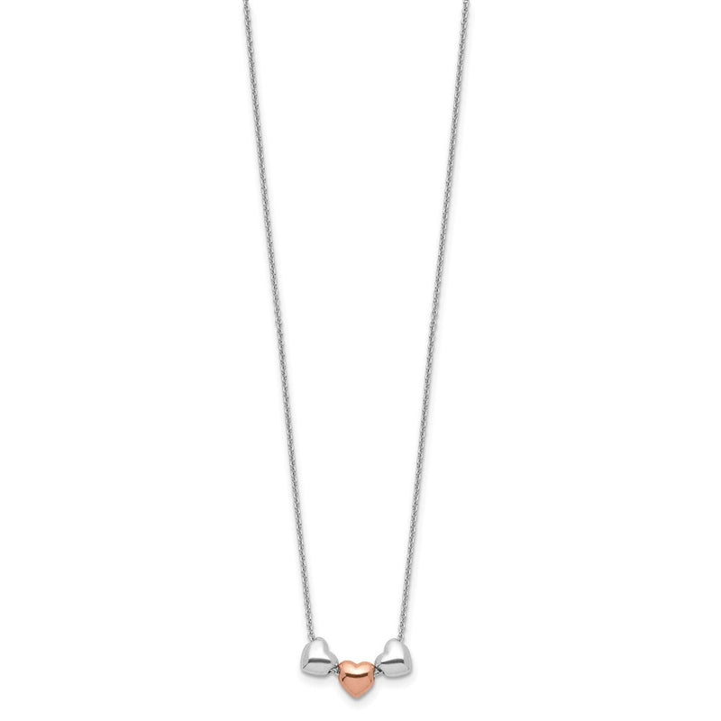 Sterling Silver Rhodium Rose-Tone 3-Hearts W/.75 Ext Necklace