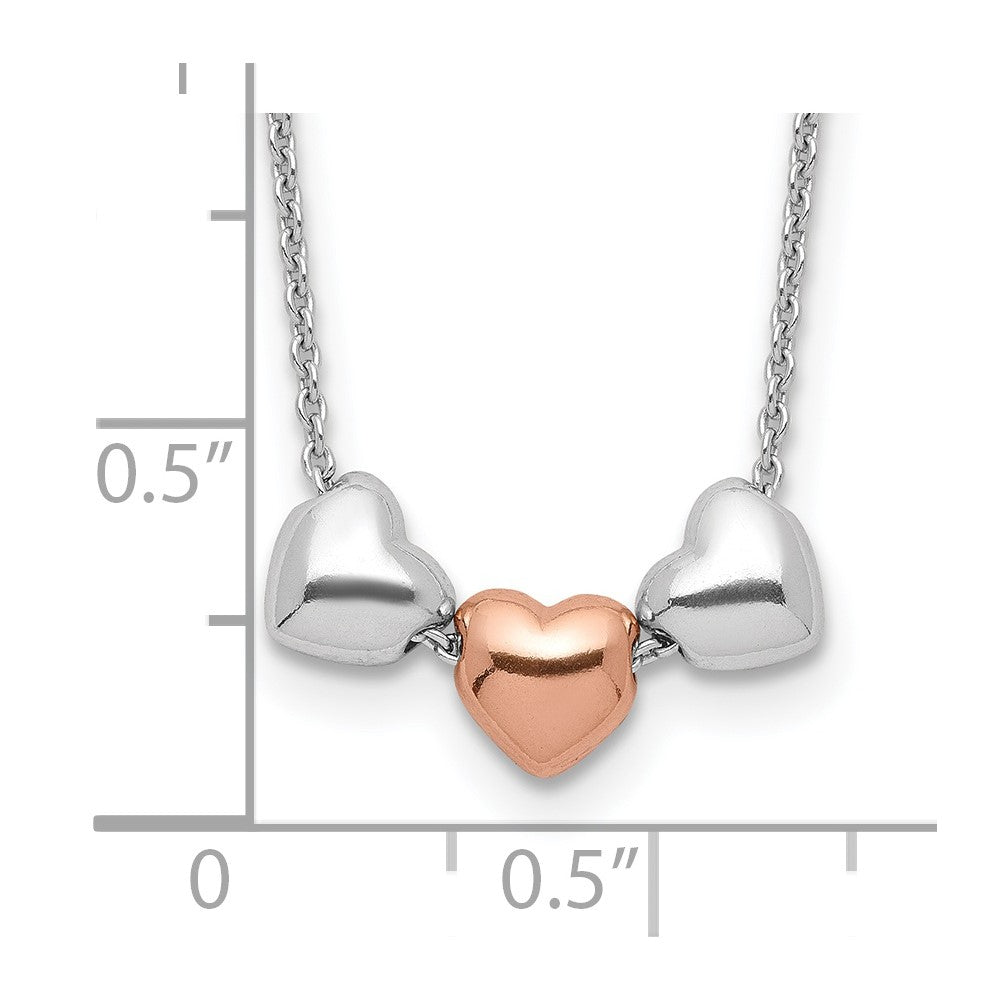 Sterling Silver Rhodium Rose-Tone 3-Hearts W/.75 Ext Necklace