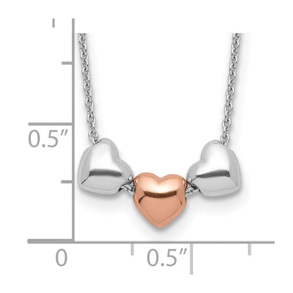 Sterling Silver Rhodium Rose-Tone 3-Hearts W/.75 Ext Necklace