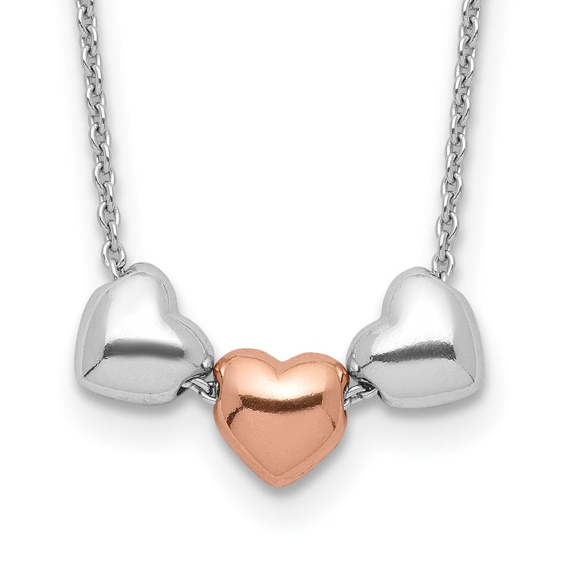 Sterling Silver Rhodium Rose-Tone 3-Hearts W/.75 Ext Necklace