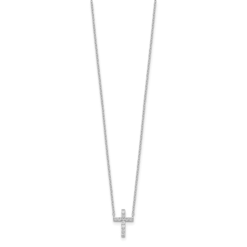 Sterling Silver Rhodium-Plated Cz Cross W/2In Ext. Necklace