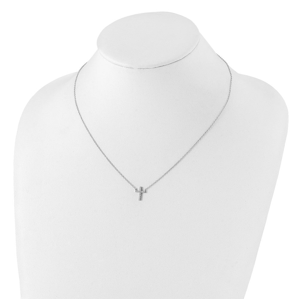 Sterling Silver Rhodium-Plated Cz Cross W/2In Ext. Necklace