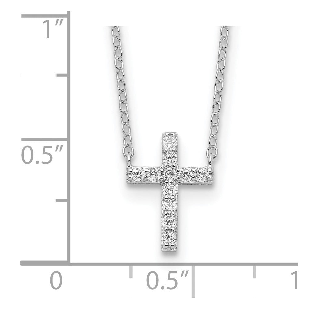 Sterling Silver Rhodium-Plated Cz Cross W/2In Ext. Necklace