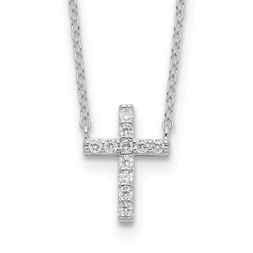 Sterling Silver Rhodium-Plated Cz Cross W/2In Ext. Necklace
