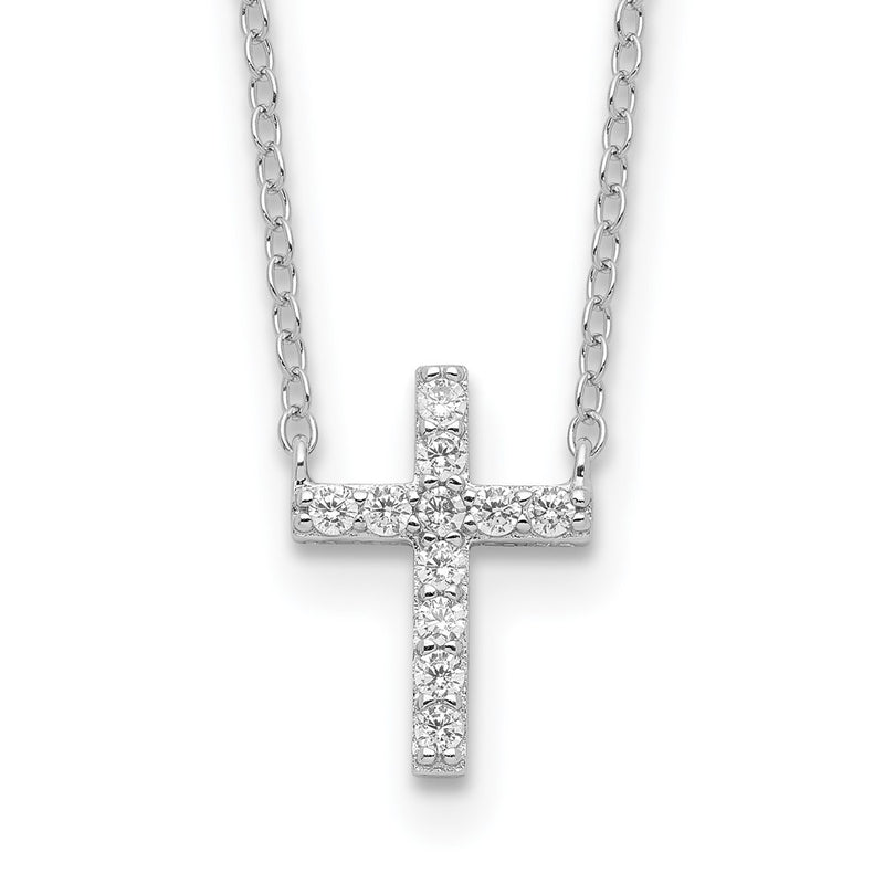 Sterling Silver Rhodium-Plated Cz Cross W/2In Ext. Necklace