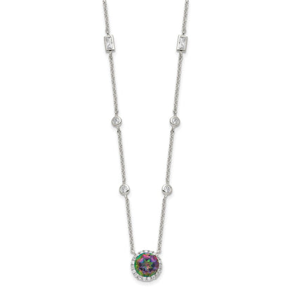 Sterling Silver Rh-Plated Dark Mystic Cz Halo Pendant On 10-Station Necklac