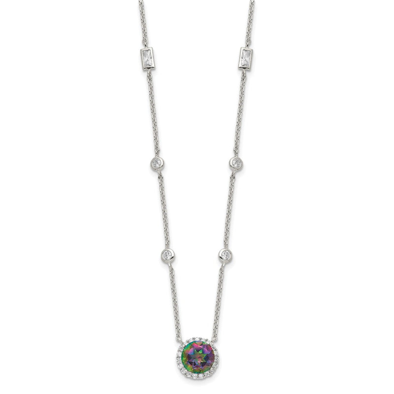 Sterling Silver Rh-Plated Dark Mystic Cz Halo Pendant On 10-Station Necklac