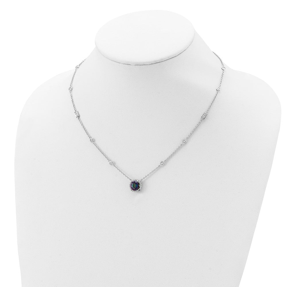 Sterling Silver Rh-Plated Dark Mystic Cz Halo Pendant On 10-Station Necklac