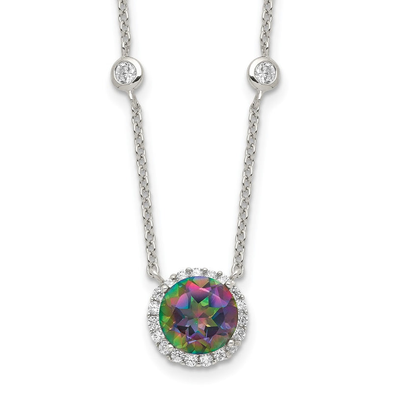 Sterling Silver Rh-Plated Dark Mystic Cz Halo Pendant On 10-Station Necklac