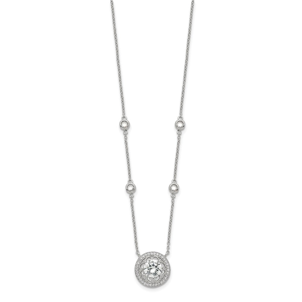 Sterling Silver Rh-Plated Round Cz Pendant W/2In. Ext. 4-Station Necklace