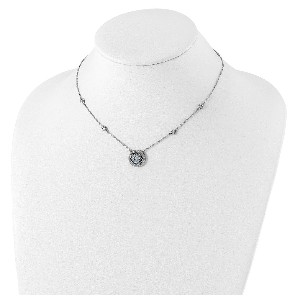 Sterling Silver Rh-Plated Round Cz Pendant W/2In. Ext. 4-Station Necklace