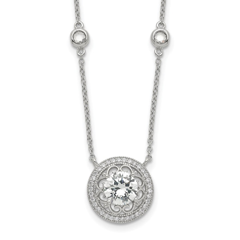 Sterling Silver Rh-Plated Round Cz Pendant W/2In. Ext. 4-Station Necklace