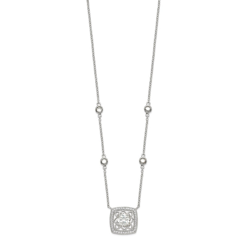 Sterling Silver Rhod-Pltd Square Cz Pendant W/2In Ext 4-Station Necklace