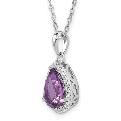 Sterling Silver Rhodium Polished Amethyst & Cz Necklace