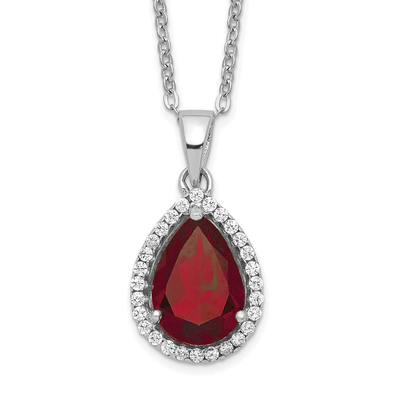 Sterling Silver Rhodium Polished Garnet & Cz Necklace