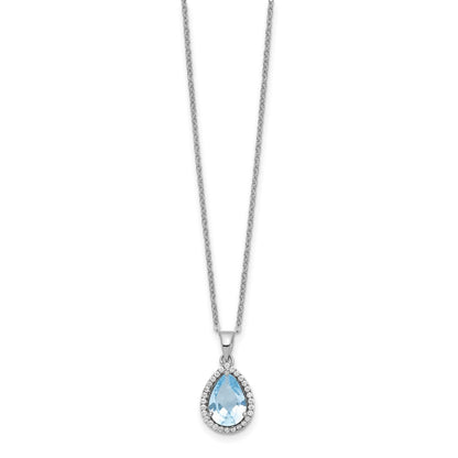 Sterling Silver Rhodium Polished Created Aquamarine & Cz Necklace