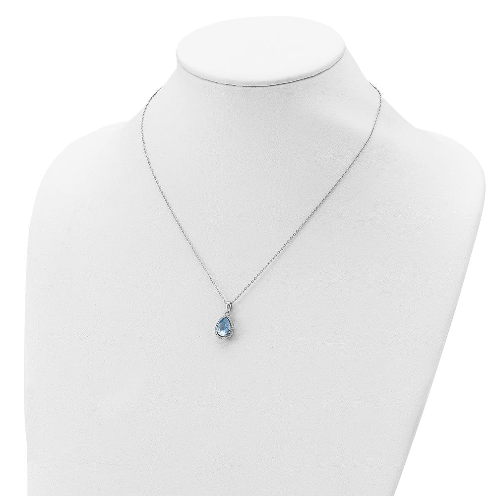 Sterling Silver Rhodium Polished Created Aquamarine & Cz Necklace