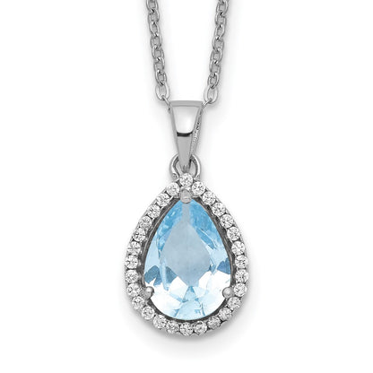Sterling Silver Rhodium Polished Created Aquamarine & Cz Necklace