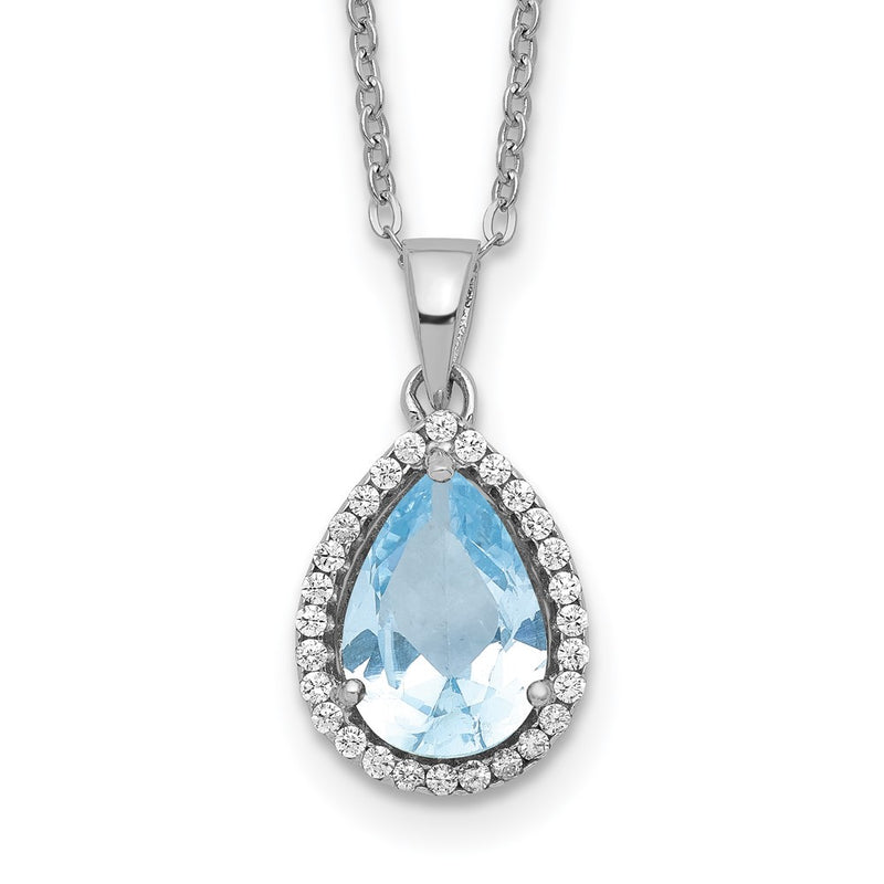 Sterling Silver Rhodium Polished Created Aquamarine & Cz Necklace