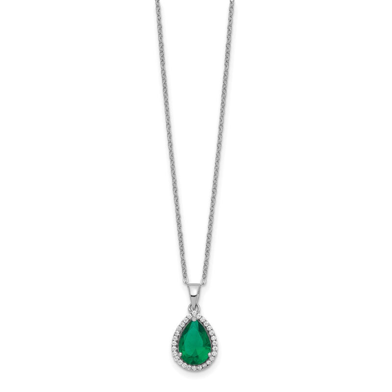 Sterling Silver Rhodium Simulated Emerald & Cz Necklace