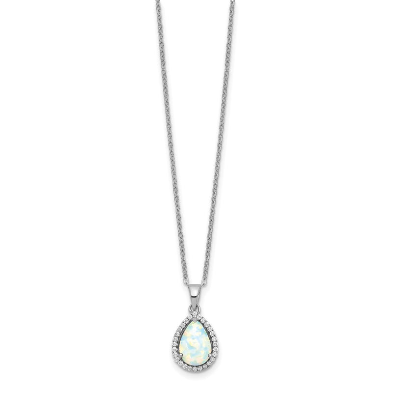 Sterling Silver Rhodium Polished Simulated Opal & Cz Necklace