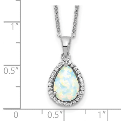 Sterling Silver Rhodium Polished Simulated Opal & Cz Necklace