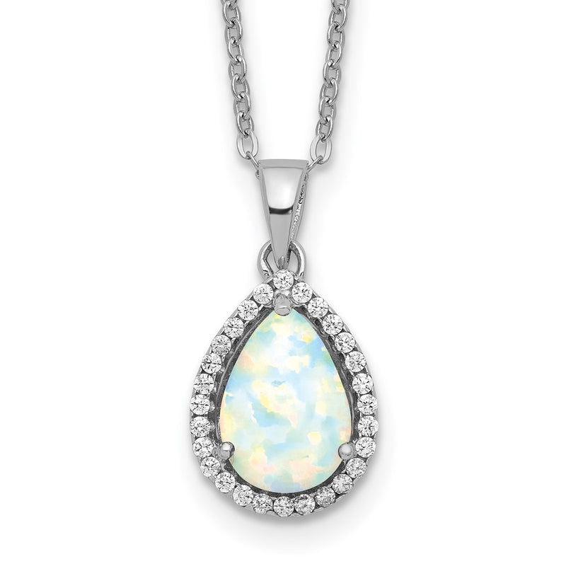 Sterling Silver Rhodium Polished Simulated Opal & Cz Necklace