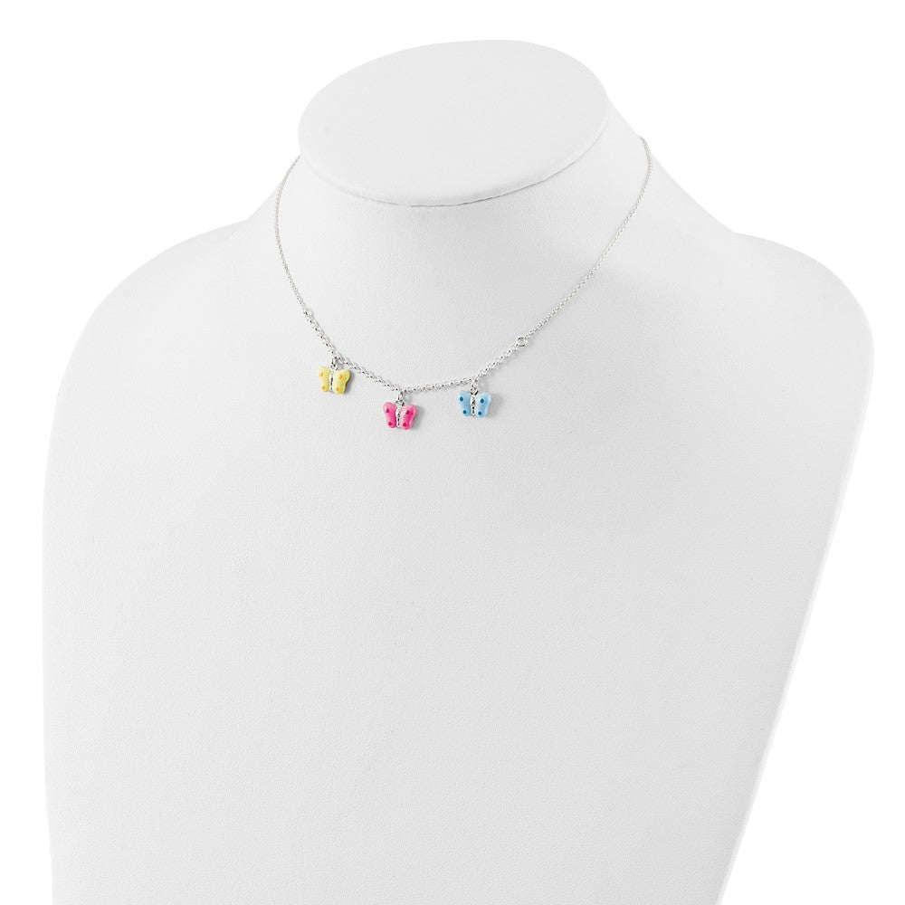 Sterling Silver Polished Yellow, Pink And Blue Enameled Three Butterfly Children'S Necklace