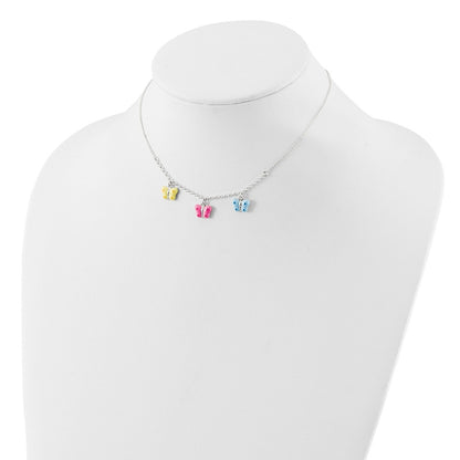 Sterling Silver Polished Yellow, Pink And Blue Enameled Three Butterfly Children'S Necklace