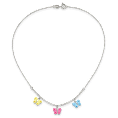 Sterling Silver Polished Yellow, Pink And Blue Enameled Three Butterfly Children'S Necklace